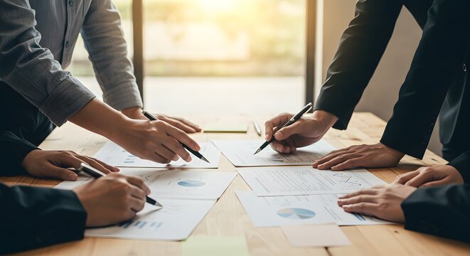 Close-up of hands working on a business document. This image shows business people collaborating