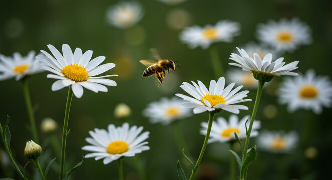 Busy bee collects nectar from delicate white daisy flower in vibrant summer garden setting - Powered by Adobe