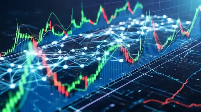 Digital stock market graph with glowing network nodes
