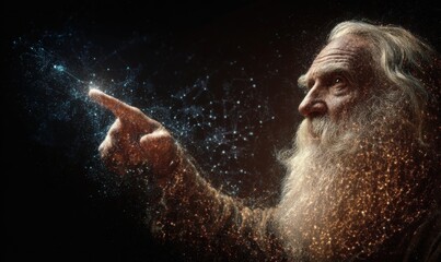 Elderly man points to digital light