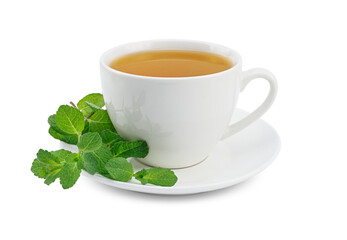 White cup of mint tea with fresh mint leaves on the saucer