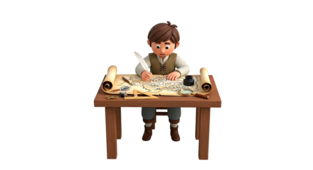 young cartographer illustrating medieval adventure map a whimsical 3d model, isolated on transparent background