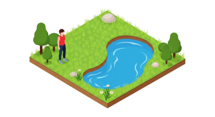 woman contemplating serene pond isometric illustration of tranquil nature scene, isolated on transparent background