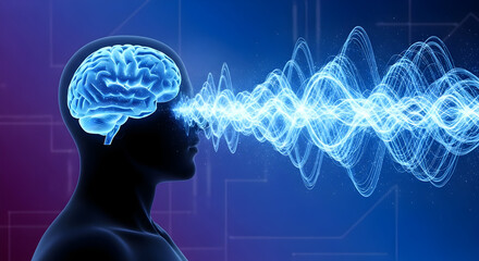Human profile with glowing brain and oscillating waveform visualization neurotechnology thought frequency concept