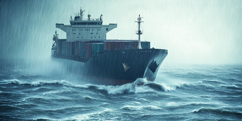 Cargo ship navigates rough seas during stormy weather Generative AI
