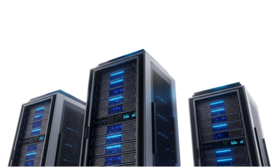 Server Racks in Digital Realm, A cluster of modern server racks stands, symbolizing data storage, network infrastructure, and the power of information technology.