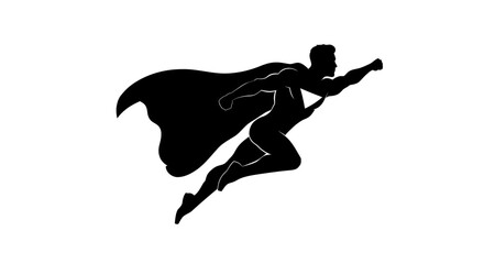 Dynamic silhouette of a heroic superhero flying through the air with a flowing cape © rabbivay
