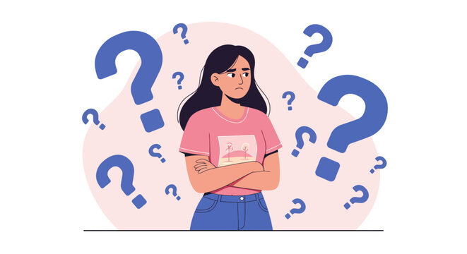 Confused young woman surrounded by numerous question marks contemplating a difficult decision or problem
