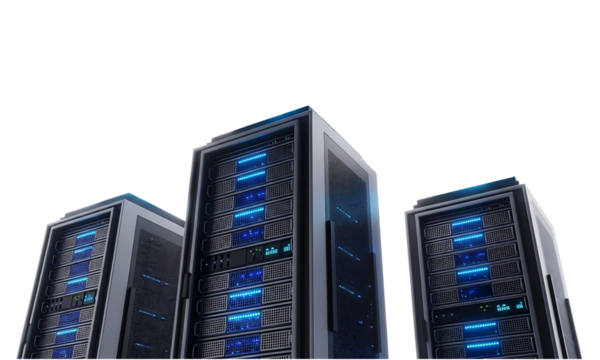 Server Racks in Digital Realm, A cluster of modern server racks stands, symbolizing data storage, network infrastructure, and the power of information technology.