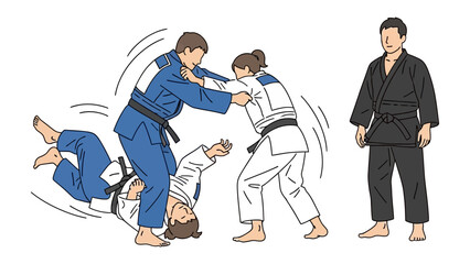 Judo Techniques Demonstration: A series of dynamic illustrations capturing the essence of judo techniques, featuring a range of dynamic movements and postures.
