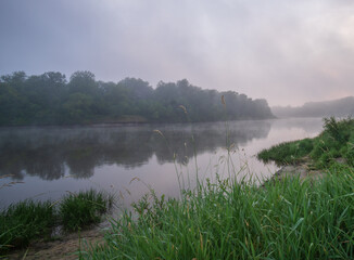 misty morning on the lake with grass 