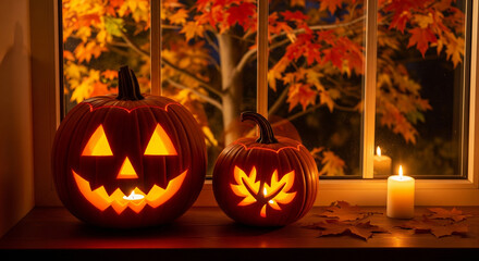 Obraz premium Glowing pumpkins by window with autumn leaves, realistic Halloween night scene