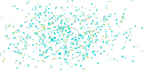 Beautiful image of teal and gold confetti falling on white background. Perfect for celebrations, parties, and festive designs.