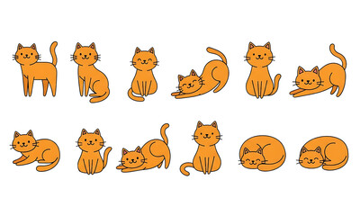 Fototapeta premium Playful Felines, A collection of cheerful, orange cartoon cats showcasing a variety of poses and activities, each brimming with personality and charm.