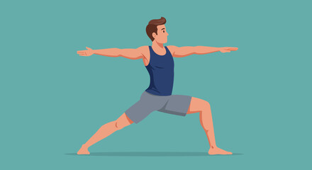 Fit athletic man in athletic wear practicing yoga warrior two pose on a teal background