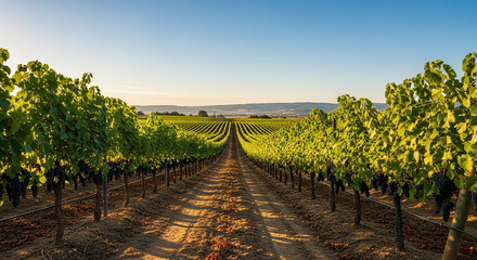 Naklejka premium Golden Hour Sunlight Bathes Rows of Lush Green Grape Vines in a Picturesque Vineyard