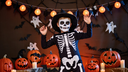 Little boy in skeleton costume and witch hat poses at Halloween party with pumpkins, candles and spooky decorations.