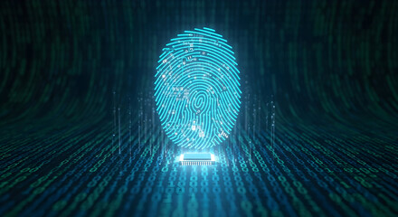 Glowing biometric fingerprint hologram over binary code digital identity security authentication concept