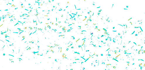 Beautiful image of teal and gold confetti falling on a white background. Perfect for celebrations, parties, and festive designs.
