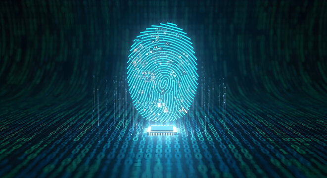 Glowing biometric fingerprint hologram over binary code digital identity security authentication concept