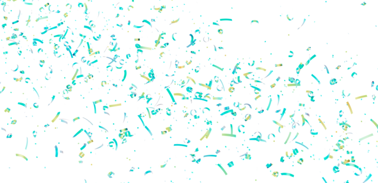 Image of teal and gold confetti falling against a white background. Perfect for celebrations and festive designs.