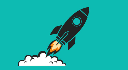Stylized black rocket ship blasting off with fiery exhaust and white smoke against a teal background