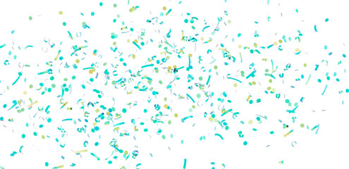 Beautiful image of teal and gold confetti falling on white background, perfect for celebrations.