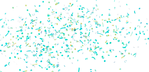 Beautiful image of teal and gold confetti falling on white background, perfect for celebrations.