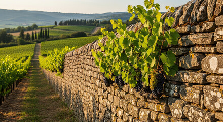 Obraz premium Rolling Tuscan Hills Adorned with a Stone Wall and Verdant Vineyards