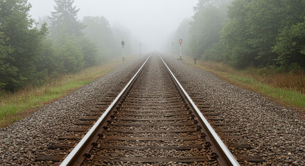 Fototapeta premium Mysterious foggy railway tracks vanishing into distant misty forest, evoking journey and solitude