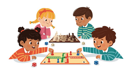 Kids Gaming Together: A lively scene of four children playing various board games, including chess and ludo, fostering camaraderie and strategic thinking in this vibrant illustration.