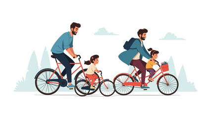 Obraz premium Father-Child Cycle: A vibrant illustration captures a father and his child on a cycling adventure. A delightful display of familial bonding, with a child and father cycling together