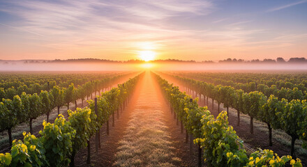 Fototapeta premium Golden Sunrise Over a Misty Vineyard Landscape