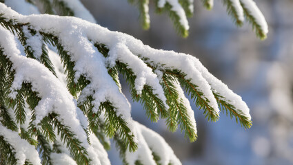 Obraz premium Christmas tree branches covered with fresh white snow in winter forest, close-up natural scene with frosty details.