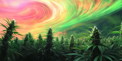 Psychedelic swirls illuminate a vibrant cannabis landscape Generative AI