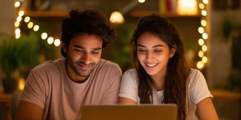 happy indian couple using laptop on diwali night