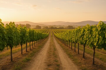 Fototapeta premium Scenic Vineyard Landscape at Sunset: Rows of Grape Vines in a Rural Setting