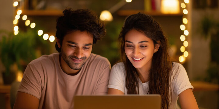 happy indian couple using laptop on diwali night