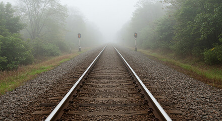Fototapeta premium Journey into the fog captivating train tracks leading through misty forest with signal lights guiding the way