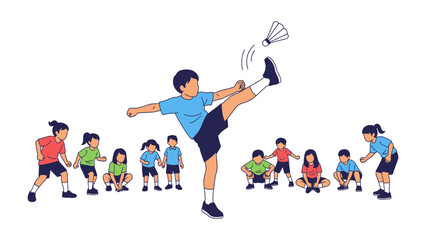 Badminton and Unity: A group of young people actively engaging in a spirited badminton game. The energy and motion is captured in a striking graphic representation. 