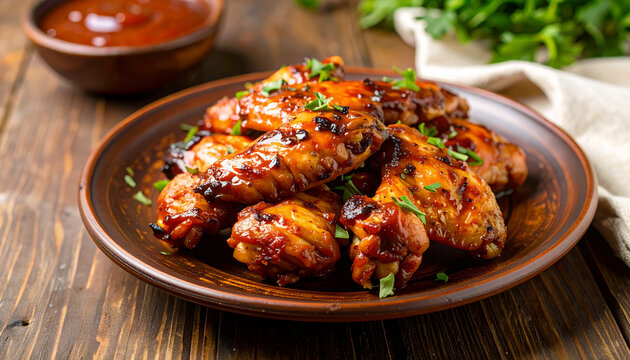 Chicken Wings, BBQ Wings, gegrilltes H&auml;hnchen &ndash; w&uuml;rzig mariniert, knusprig gebraten auf rustikalem Holztisch mit BBQ-Sauce, American Food, Fingerfood, Party Food, Fast Food