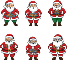 Cartoon Santa Claus holding cookies, festive holiday theme, cute vector set, children illustration, seasonal bundle, joyful poses, Christmas tradition