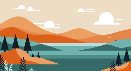 Serene landscape with rolling orange hills calm blue water and dark green pine trees under a soft sky