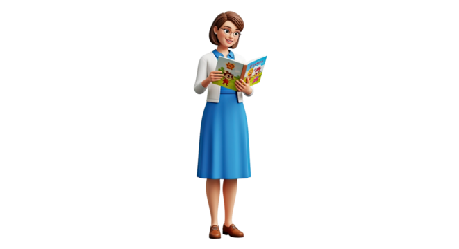 3d model enthusiastic teacher reading childrens book, educational joy, isolated on transparent background