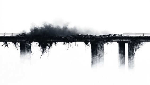 A broken bridge over the river, burning with black smoke against a white background. A damaged iron bridge