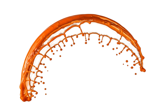 Dynamic orange liquid splash arc against a stark black background, showcasing fluid movement and vibrant color.