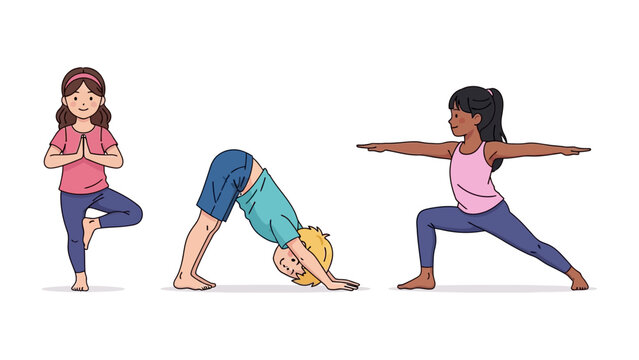 Kids Yoga Poses: A vibrant illustration showcases children gracefully demonstrating various yoga poses, promoting flexibility, mindfulness, and well-being in a colorful and inviting style.