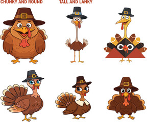 Cartoon turkeys in Pilgrim hats, Thanksgiving theme, funny character set, festive vector bundle, chunky and lanky styles, autumn celebration