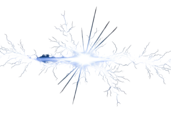 A powerful electrical discharge radiates outward from a central point against a dark background, showcasing complex branching patterns of light blue energy.