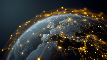 Connection lines Around Eath Globe, Futuristic Technlogy Theme Background withLight Effect, 3D illustraton. Glowing Yellow dots.
